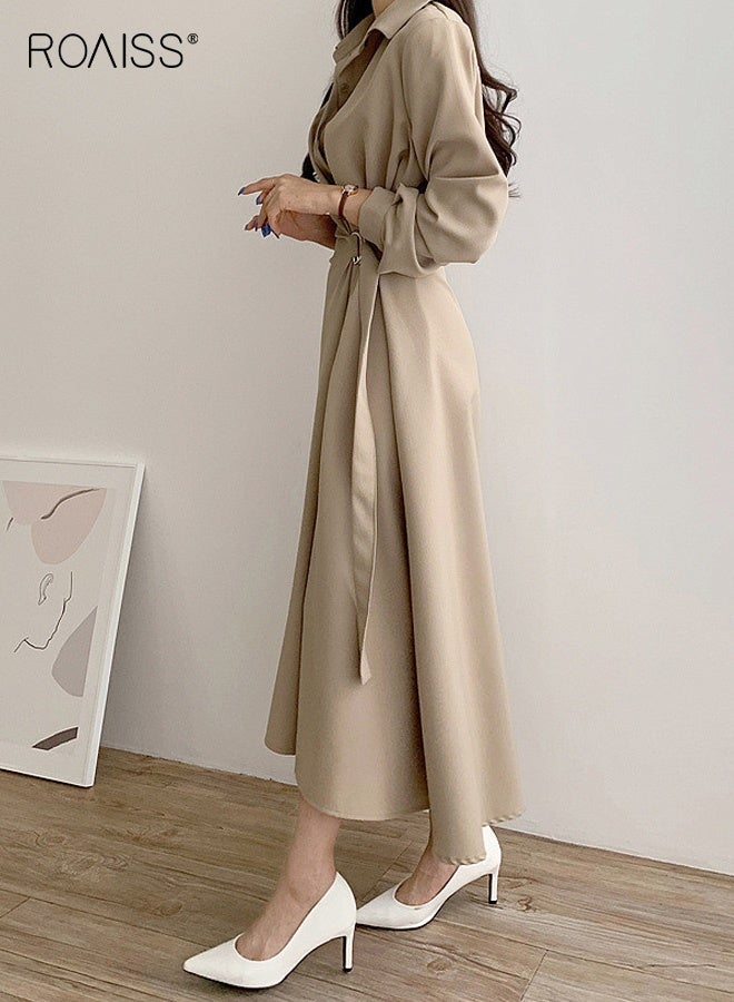 رويس فستان ميدي ملفوف بخصر عالٍ للنساء، فستان أنيق بأكمام طويلة وياقة قميص مع حزام، فستان معطف بسيط بتصميم A-Line يبرز جمال القوام مع تصميم يحدد الخصر، زي أنيق مناسب للخريف للعمل والمواعيد الرسمية، لون بيج سادة - Image 4